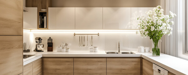modern small kitchen featuring L shaped design with wood and white cabinetry, complemented by beautiful flower arrangement. space is bright and inviting