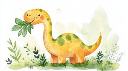 A cheerful dinosaur holds a leafy branch, surrounded by soft greenery, in a whimsical watercolor style, perfect for children's art or educational themes.