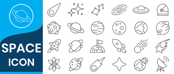 Set of space icon vector logo illustration. Astronomy line icon set. Space planet, Earth, moon, sun, galaxy, rocket astronaut, alien minimal vector illustrations. 