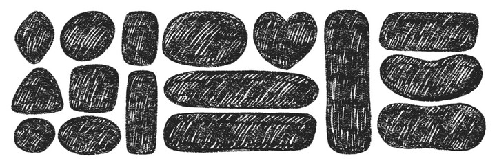 Set of abstract blob shapes with rough texture. Hand drawn figure with crayon and chalk texture. Linocut vector illustration.