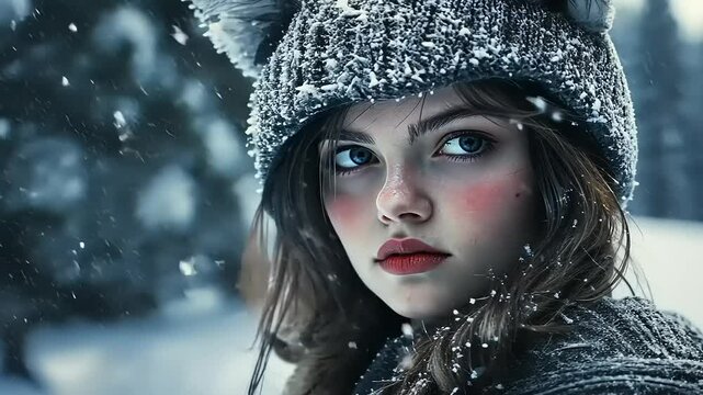 Young girl wearing a wolf hat in a snowy forest, with snowflakes falling around her