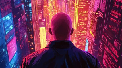 A man looks at a vibrant futuristic cityscape from above