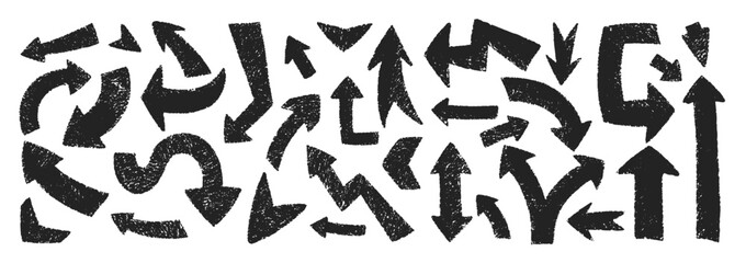 Collection of hand drawn arrows with crayon, pastel or chalk texture. Zigzag. corner and circle arrows for comic design. Black vector illustration on a white background.