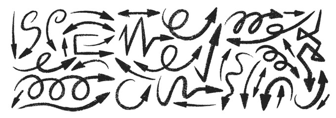 Set of thin arrows with crayon, chalk or pastel texture. Doodle hand drawn elements for school design. Black vector illustration on a white background.