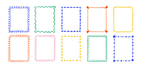 Set of outline squiggle frames with crayon, chalk or pastel texture. Design elements for photo decoration. Color vector illustration isolated on a white background.