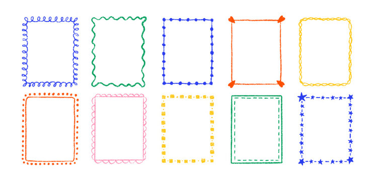 Set of outline squiggle frames with crayon, chalk or pastel texture. Design elements for photo decoration. Color vector illustration isolated on a white background.