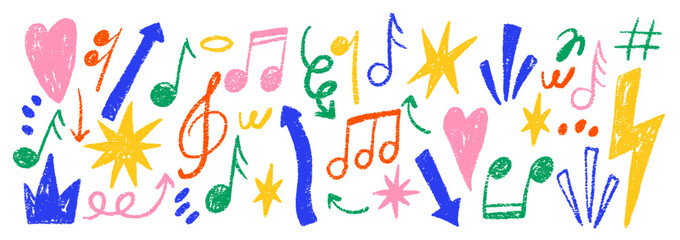 Grunge rock punk music elements with crayon, pastel and chalk texture. Lightning, star, notes and crown in doodle style. Color vector illustration isolated on a white background.