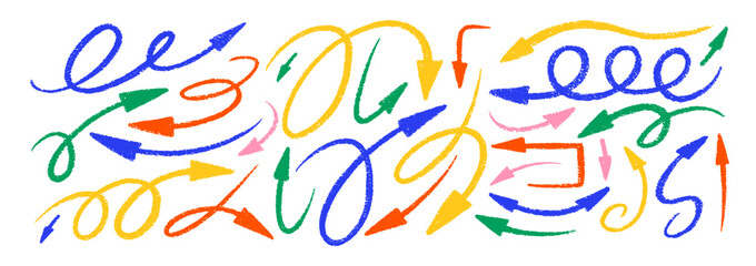 Set of curve arrows with crayon, chalk or pastel texture. Rough hand drawn elements for school design. Color vector illustration isolated on a white background.