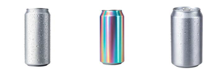 Three soda cans on a black background showcasing different textures and finishes.