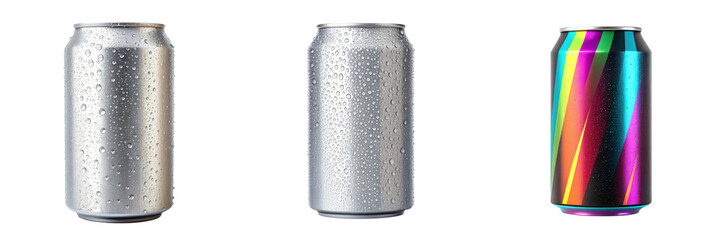 Fototapeta premium Three soda cans, two metallic and one colorful, with condensation on a black background.