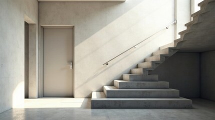 Fototapeta premium Modern concrete staircase and door in a minimalist interior setting with sunlight streaming through a window, creating a serene and simple atmosphere.