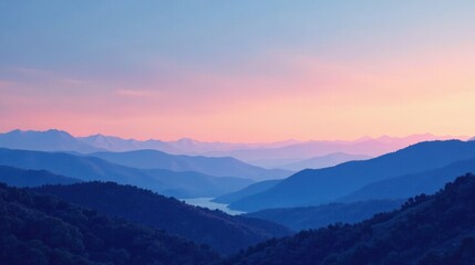 Obraz premium Serene Sunset Hues Over Rolling Mountain Ranges and a Tranquil Valley Lake