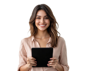 Smiling young woman holding tablet, isolated on transparent cutout background