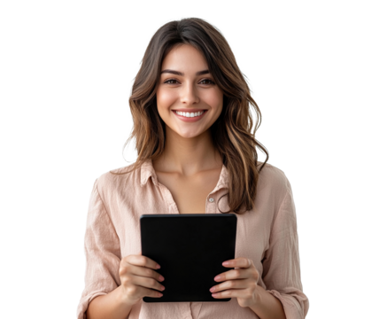 Smiling young woman holding tablet, isolated on transparent cutout background