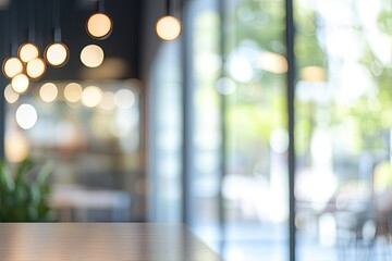 Cafe interior, empty table, blurred background, daylight, product display