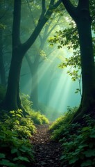Obraz premium Enchanted misty forest, retro film grain effect, enchanted, mountain, photo