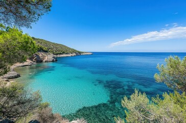 Fototapeta premium Serene Coastal View with Turquoise Waters and Clear Blue Sky Framed by Lush Green Vegetation in a Peaceful Seaside Landscape