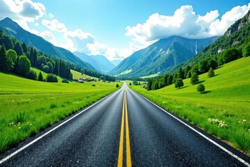 Naklejka premium Endless asphalt ribbon unwinds through lush green valley, mountains in distance, valley, light