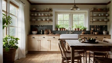 A warm and inviting kitchen with creamy white cabinets, rich wood accents, and soft golden lighting, set against a soothing background of light beige walls and dark hardwood floors, featuring a large 