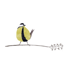 A hand-drawn watercolor illustration featuring a blue tit bird and a dry grass stem. Designed in a childlike illustration style, perfect for nature, birds, and whimsical or seasonal designs