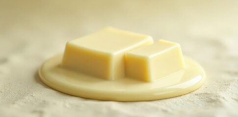 Pourable, soft white chocolate; uneven surface, slightly glossy, white, liquid, glossy