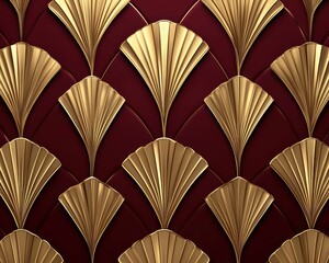 Intricate art deco-inspired golden fan motifs on deep burgundy silk, seamless vintage luxury pattern, refined 1920s elegance, sophisticated high-end design