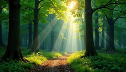 Obraz premium Towering trees, sunlight dappled forest floor, ecology, scenic, autumn