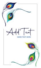 Elegant Peacock Feather Frame Design. Artistic frame featuring vibrant and stylized peacock feathers in shades of blue, green, and gold. Can be used for invitations, greeting cards, or decorative text