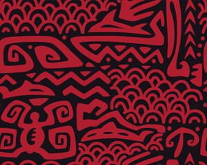 Polynesian motifs. Tiki seamless pattern. Aztec textile print.Geometric, vector background. Suitable for printing on fabric and paper, for parties. 