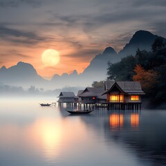Fototapeta premium A peaceful riverside Thai village, aglow in soft moonlight. Traditional stilt houses stand against the midnight sky, their silhouettes mirrored in the still river, creating a perfectly symmetrical 
