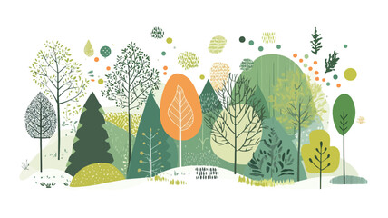 The image is a stylized illustration of a forest landscape.  It features a collection of simplified, abstract trees in various shades of green, orange, and yellow against a white