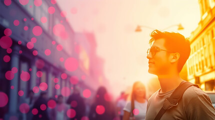 Man with sunglasses in a sunlit street scene, with blurred people and pink bokeh effects.