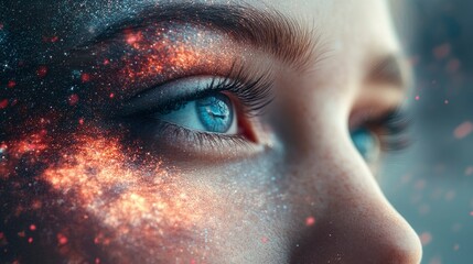 Naklejka premium Cosmic Dreamscape Close-up of a Woman's Eye with Nebula Texture