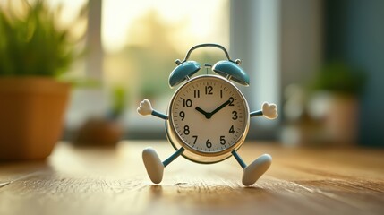 A cheerful blue alarm clock with arms and legs stands on a wooden table, surrounded by a soft, warm light, conveying a sense of playfulness and timekeeping.