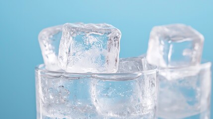 Staying Hydrated and Cool in the Summer Heat, Clear ice cubes in a glass against a blue background, creating a refreshing beverage aesthetic.