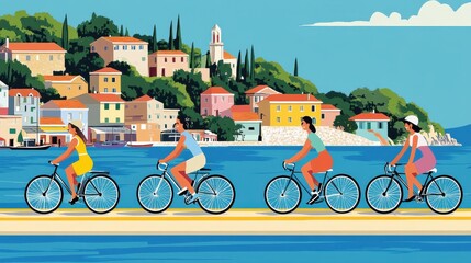Fototapeta premium Colorful Bike Ride Along Coastal Path with Scenic Background View