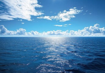 Obraz premium Serene Ocean View Under Bright Sky with Soft Clouds and Gentle Waves Reflecting Sunlight in a Tropical Paradise Setting