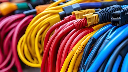 Colorful Coiled Cables and Connectors Close-up of Electrical Wires