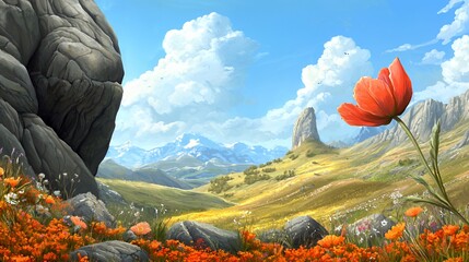 Obraz premium Orange Poppy Flower in Mountain Landscape