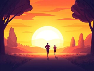 Fototapeta premium Two runners jogging at sunset, embracing an active and healthy lifestyle.