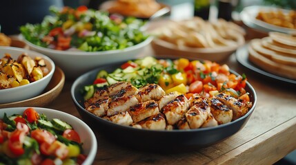 Obraz premium Grilled food on a rustic backyard table, fresh salads, smoky barbecue flavors filling the air