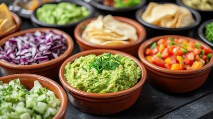 Outdoor taco bar setup, vibrant Mexican blankets, fresh guacamole and colorful toppings