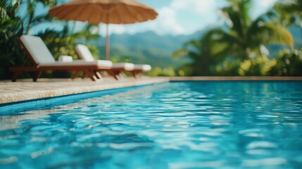 Fototapeta premium Poolside backyard party, people lounging on sunbeds, refreshing drinks in hand