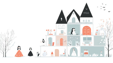 The image is a digital illustration featuring a stylized castle composed of stacked geometric shapes in muted colors, primarily greys, whites, and a muted orange.  The castle has multiple