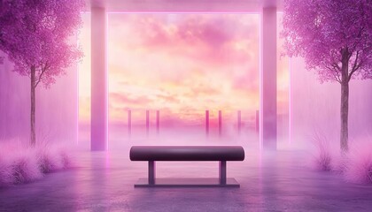 A serene landscape with a bench under purple trees and a vibrant sunset in the background.