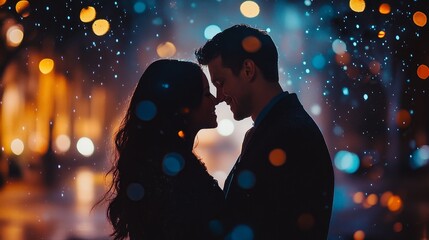 Obraz premium Romantic silhouette of a couple kissing under the moonlight with stars in the sky. Capture the love and romance on Valentine's night.