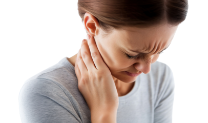 Young woman suffering from neck pain, isolated on transparent cutout background