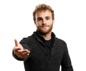 Smiling young man offering handshake, isolated on transparent cutout background