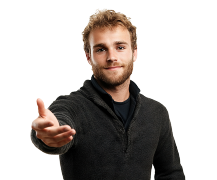 Smiling young man offering handshake, isolated on transparent cutout background
