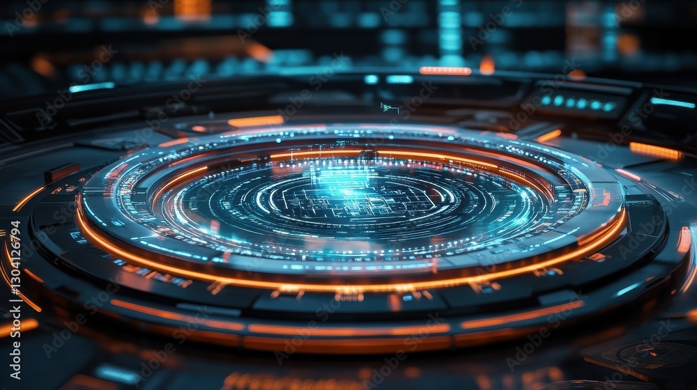 Poster A glowing futuristic circular device with complex data visualizations displayed
